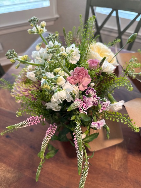 Pastel bouquet with stock, carnations, and veronica